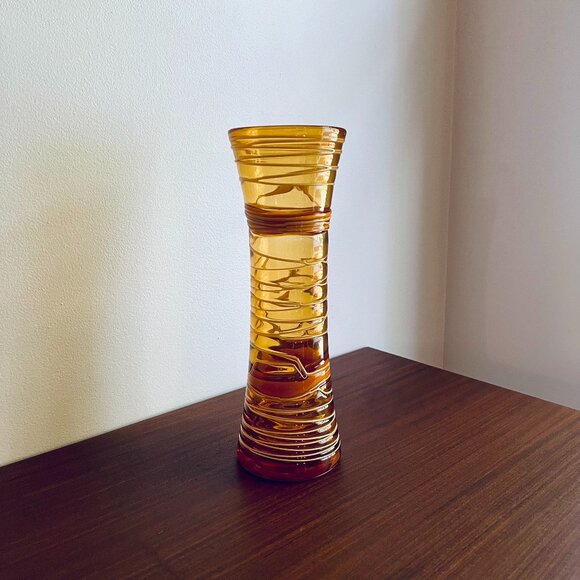 Vintage Tall Inverted Amber Art Glass Vase with Threading Detail Throughout